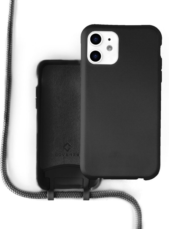 Coverzs telefoonhoesje geschikt voor Silicone case met koord iPhone 13 (zwart) - optimale bescherming - siliconen hoesje met koord - telefoonkoord - telefoonketting - zwart