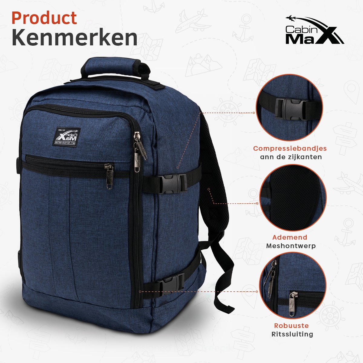 CabinMax Metz Reistas – Handbagage 24L Wizz Air – Rugzak Transavia – Schooltas - 40x30x20 cm – Compact Backpack – Lichtgewicht – Atlantic Bauw – foto 3