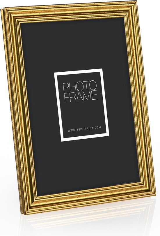 Gouden fotolijst met een zwarte vulling met het opschrift 'PHOTO FRAME' en een website.