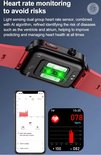 Zwarte smartwatch met rode band, achterkant met groene sensoren voor hartslagmeting. Telefoon toont hartslaggrafiek.