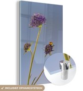 MuchoWow® Glasschilderij 80x120 cm - Schilderij acrylglas - Lieveheersbeestje op bloem blauwe lucht - Foto op glas - Schilderijen