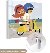 MuchoWow® Glasschilderij 50x50 cm - Schilderij acrylglas - Illustratie van twee mensen op een Vespa scooter - Foto op glas - Schilderijen