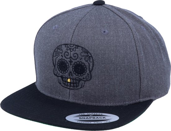 Hatstore- Gold Tooth Outlined Skull Charcoal Snapback - Calaveras Cap