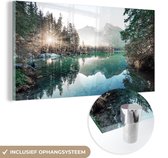 MuchoWow® Glasschilderij 40x20 cm - Schilderij acrylglas - Natuur - Bomen - Bergen - Meer - Foto op glas - Schilderijen