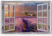 Tuinposter doorkijk xxl 120x80 cm met uitzicht op een lavendelveld in het Italiaanse Toscane, een zonsondergang, een oude boerderij, een meer en bergen; Tuinposter lavendel, Tuinposter bloemen, Tuinposter Italië, Schuttingposter, Buitenposter
