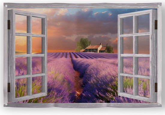 Tuinposter doorkijk xxl 120x80 cm met uitzicht op een lavendelveld in het Italiaanse Toscane, een zonsondergang, een oude boerderij, een meer en bergen; Tuinposter lavendel, Tuinposter bloemen, Tuinposter Italië, Schuttingposter, Buitenposter