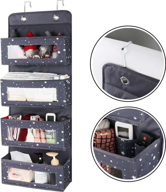 Devesanter Ophangrek, 2 stuks, hangende organizer met 5 netvakken, voor kledingkast boven de deur, pluche dieren, voor slaapkamer (grijs