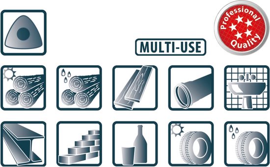 Grijze iconen tonen MULTI-USE en PROFESSIONAL QUALITY, met o.a. hout, banden, metaal en sanitair.