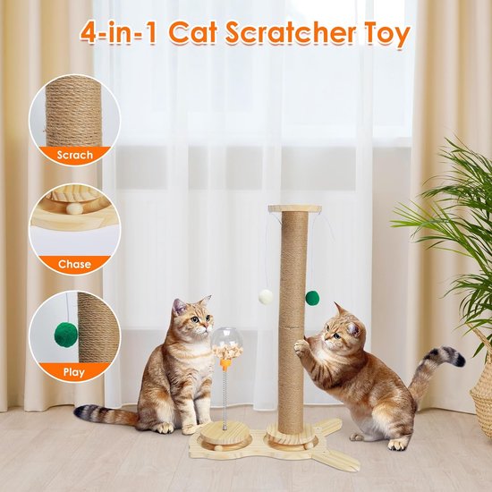 PETEPELA Interactief kattenspeelgoed met krabpaal in raketvorm, sisal krabpaal & kogelbaan, veerbal, van massief hout, multifunctioneel ( kattenspeelgoed, raketstam