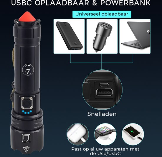 Smartgoodz - Zaklamp - Usbc Oplaadbaar - Powerbank - 2500 Lumen - 2x batterij - Noodhamer - Tactische Zaklampen - 2 jaar garantie - LED - SmartGoodz