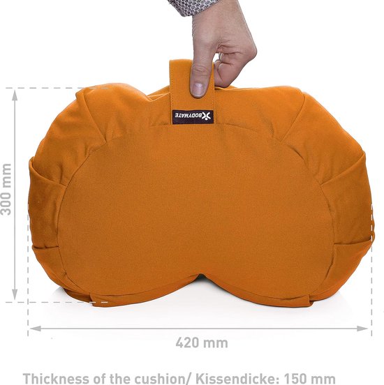 Halve maan yogakussen 42cm lang, 30cm breed en 15cm hoog met boekweitschilvulling - machinewasbare hoes van 100% extra dik katoen - meditatiekussen - zitkussen van AURA. — afbeelding 3