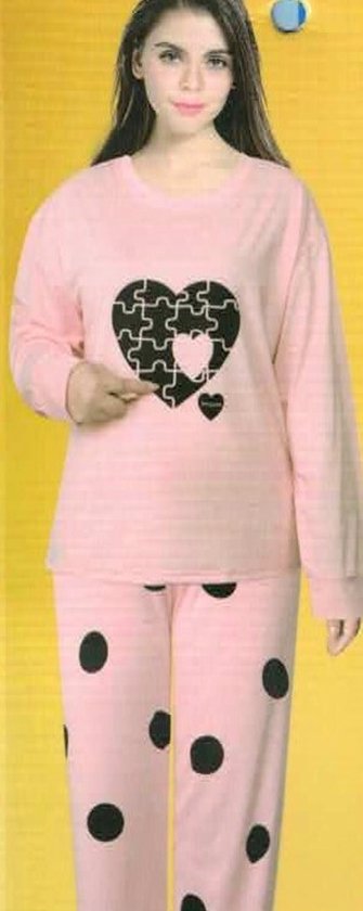 Dames Luxe Pyjama | 2-delige Set | Lange Mouwen | Pyama Dames lente-zomer | Loves| Hartjes | Katoen | Pyjama Dames | Maat XL / Geel/roze/grijs - lente/zomer