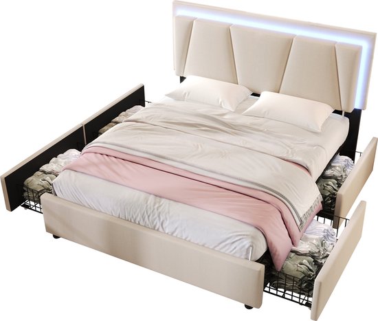 Merax Gestoffeerd Bed met LED Verlichting en 4 Lades - Tweepersoonsbed 160x200cm met Verstelbaar Hoofdbord - Bedframe met Lattenbodem - Beige