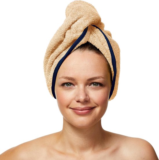 Haartulband van 100% biologisch katoen, tulband handdoek met knoop, dames en heren, zand/marineblauw