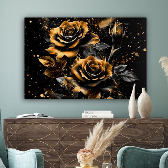 Peinture sur toile 120x80 cm - Décoration murale Roses - Or - Zwart - Fleurs - Moderne - Décoration murale salon - Décoration chambre moderne - Tableaux abstraits