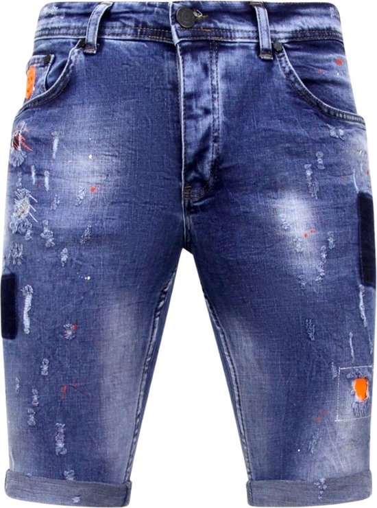 Korte Skinny Broek met Verfspatten Heren -1008-SH- Blauw