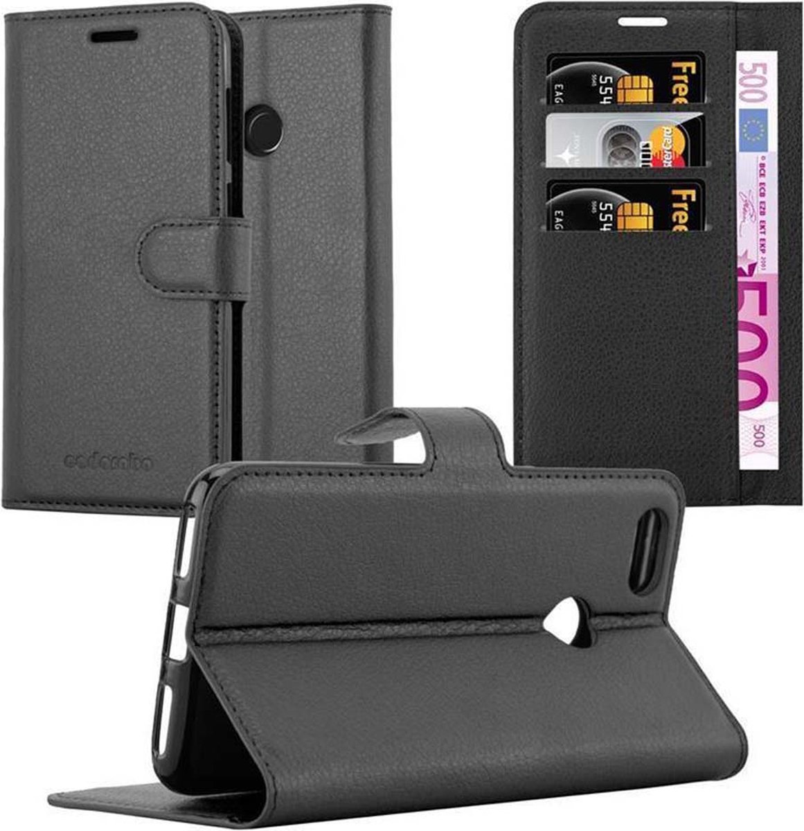 Cadorabo Hoesje geschikt voor Huawei Enjoy 7 in PHANTOM ZWART - Beschermhoes met magnetische sluiting, standfunctie en kaartvakje Book Case Cover Etui