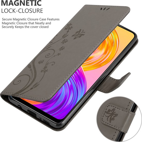 Étui Cadorabo pour Realme 8 4G / 8 PRO en GRIS FLORAL - Housse de protection à motif floral avec fermeture magnétique, fonction support et fentes pour cartes Book Case Cover Etui