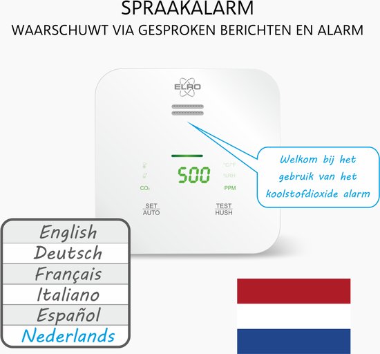 Witte CO2-meter met digitaal display met de tekst '500 PPM' en het ELRO logo. Nederlands en Nederlandse vlag zichtbaar.