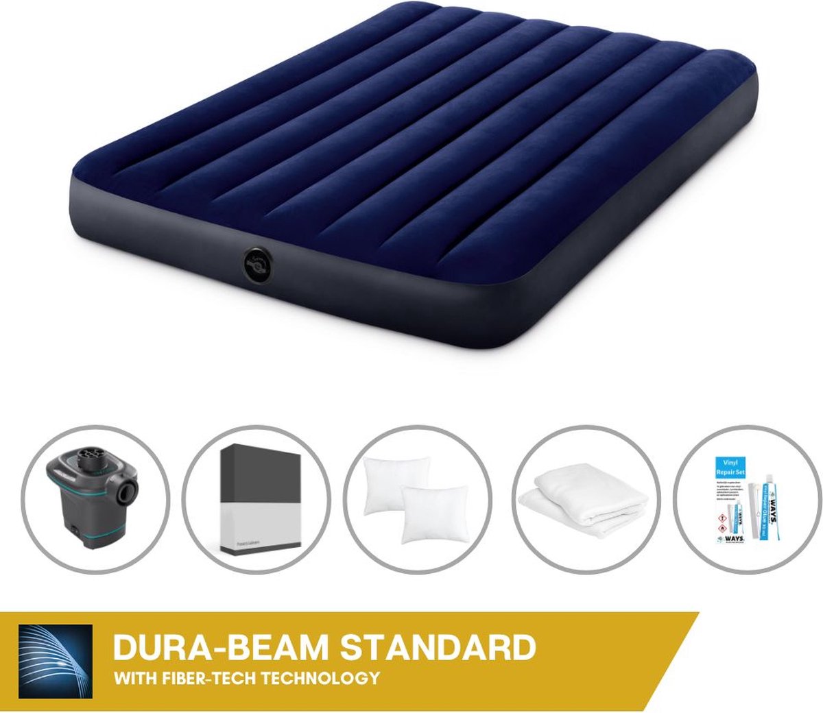 Intex Luchtbedset Intex Luchtbed - Twijfelaar - 137 x 191 x 25 cm - Blauw + Intex Elektrische Pomp - 650 Liter/min + Hoeslaken Zwart + Kussen + Molton 2 in 1 Kussenslopen + Reparatieset