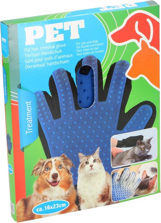 Emballage d'un gant bleu anti-poils d'animaux avec illustrations de chiens et chats.