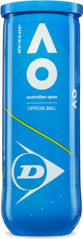 Blauwe Dunlop Australian Open tennisbal koker met witte AO-logo's en gele lijn.