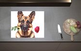 Inductieplaat Beschermer - Romantische Duitse Herder Hond met Roos tegen Witte Achtegrond - 60x52 cm - 2 mm Dik - Inductie Beschermer van Vinyl