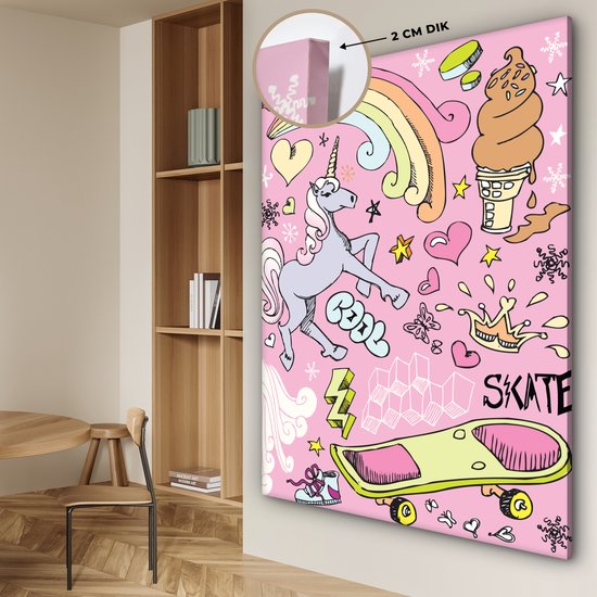 Canvas schilderij eenhoorn - Unicorn - Design - Roze - Regenboog - IJs - Canvas doek kids - Decoratie voor kinderkamers - Wanddecoratie - 120x160 cm