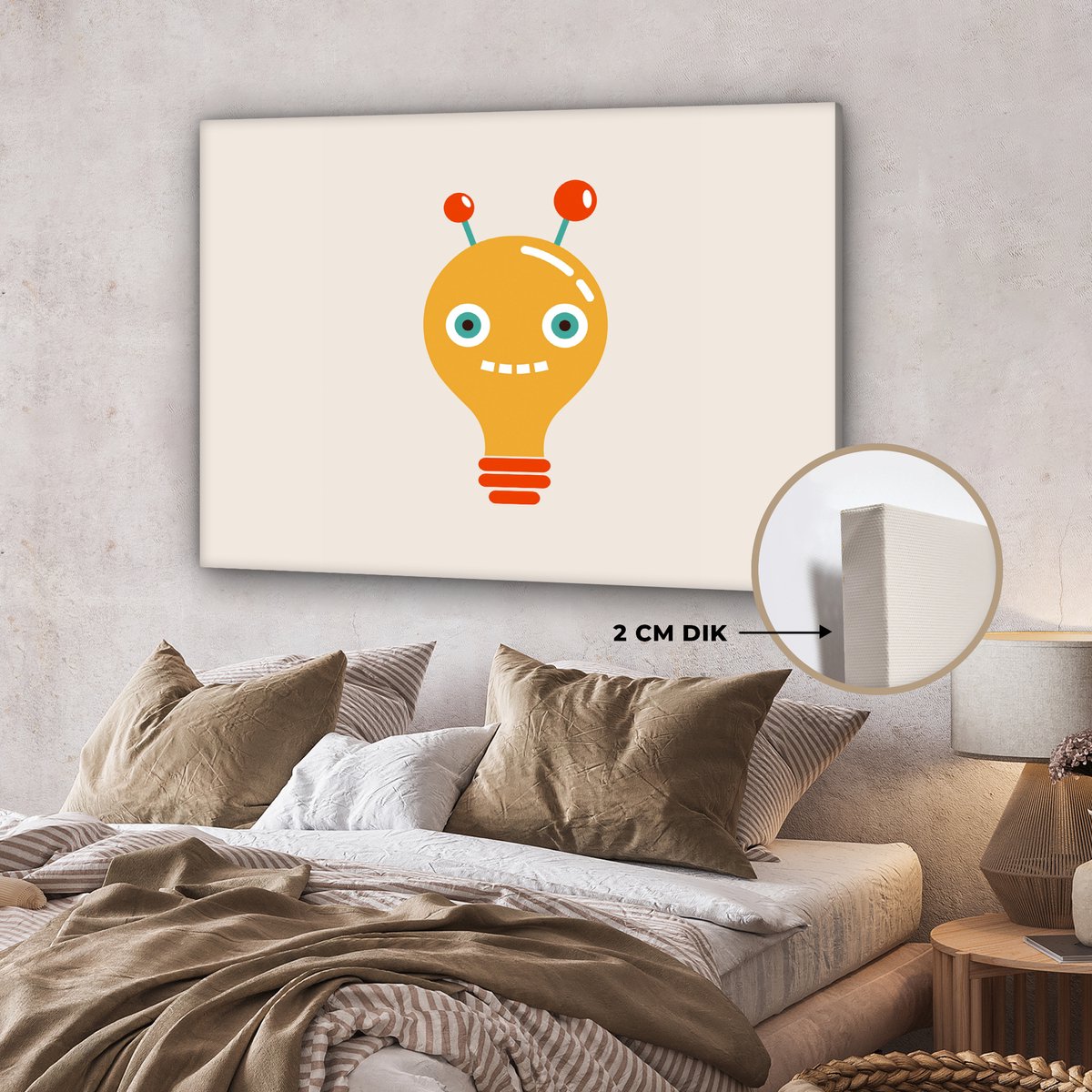Canvas schilderij 120x90 cm - Wanddecoratie Robot - Gloeilamp - Gezicht - Antenne - Kinder