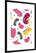 Poster in fotolijst kind - Dino - Patronen - Kind - Roze - Meisjes - Wanddecoratie meisjes - Decoratie voor kinderkamers - 60x90 cm - Slaapkamer decoratie