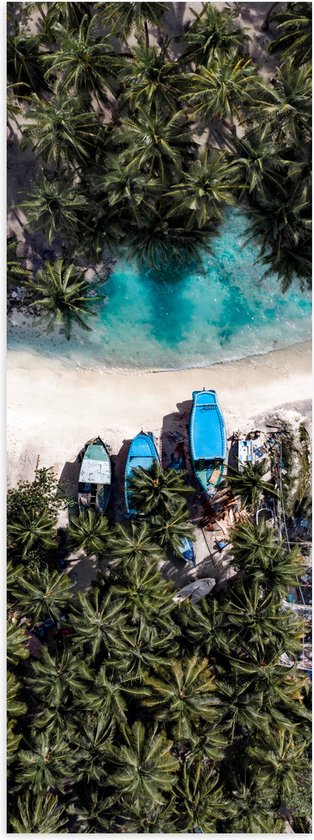 WallClassics - Poster (Mat) - Bovenaanzicht van Blauwe Bootjes tussen Palmbomen op Wit Strand - 20x60 cm Foto op Posterpapier met een Matte look