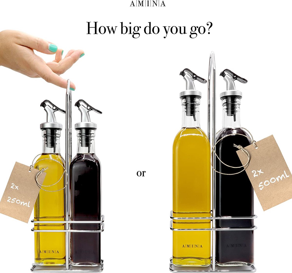 Set Distributeur Huile Et Vinaigre Cucino - 2 Bouteilles 250 Ml + Support Inox - Anti-Goutte, Design Toscane