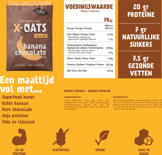 X-OATS Proteïne oats Ontbijtshake - Proteïneshake & Maaltijdshake - Vegan Glutenvrij Hoog in vezels - 20g Eiwit - 8-pack Banaan/Chocolade