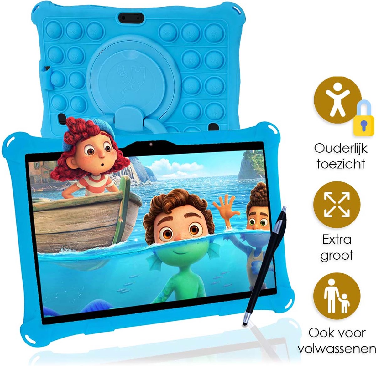 AngelTech Kindertablet XL PRO I – 100%Kidsproof– Extra Groot – Ook Voor Volwassen Gebruik – 10 inch - Ouderlijk toezicht – 360­° Verstelbare Fidgy beschermhoes - 32GB – Blauw of Roze