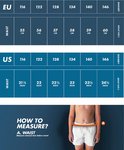 Maattabel voor zwembroeken in EU en US maten, met 'How to Measure' instructies.