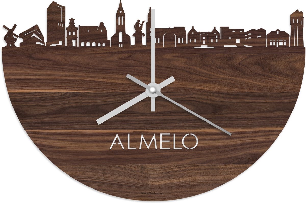 Skyline Klok Almelo Notenhout - Ø 40 cm - Stil uurwerk - Wanddecoratie - Meer steden beschikbaar - Woonkamer idee - Woondecoratie - City Art - Steden kunst - Cadeau voor hem - Cadeau voor haar - Jubileum - Trouwerij - Housewarming - WoodWideCities