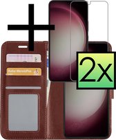 Hoes Geschikt voor Samsung S23 Hoesje Book Case Hoes Flip Cover Wallet Bookcase Met 2x Screenprotector - Bruin