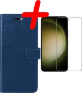 Hoes Geschikt voor Samsung S23 Hoesje Bookcase Hoes Flip Case Book Cover Met Screenprotector - Hoesje Geschikt voor Samsung Galaxy S23 Hoes Book Case Hoesje - Donkerblauw