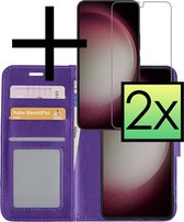 Hoes Geschikt voor Samsung S23 Hoesje Book Case Hoes Flip Cover Wallet Bookcase Met 2x Screenprotector - Paars