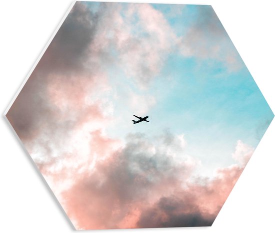 WallClassics - PVC Schuimplaat Hexagon - Vliegtuigje in Pastelluchr=t - 40x34.8 cm Foto op Hexagon (Met Ophangsysteem)