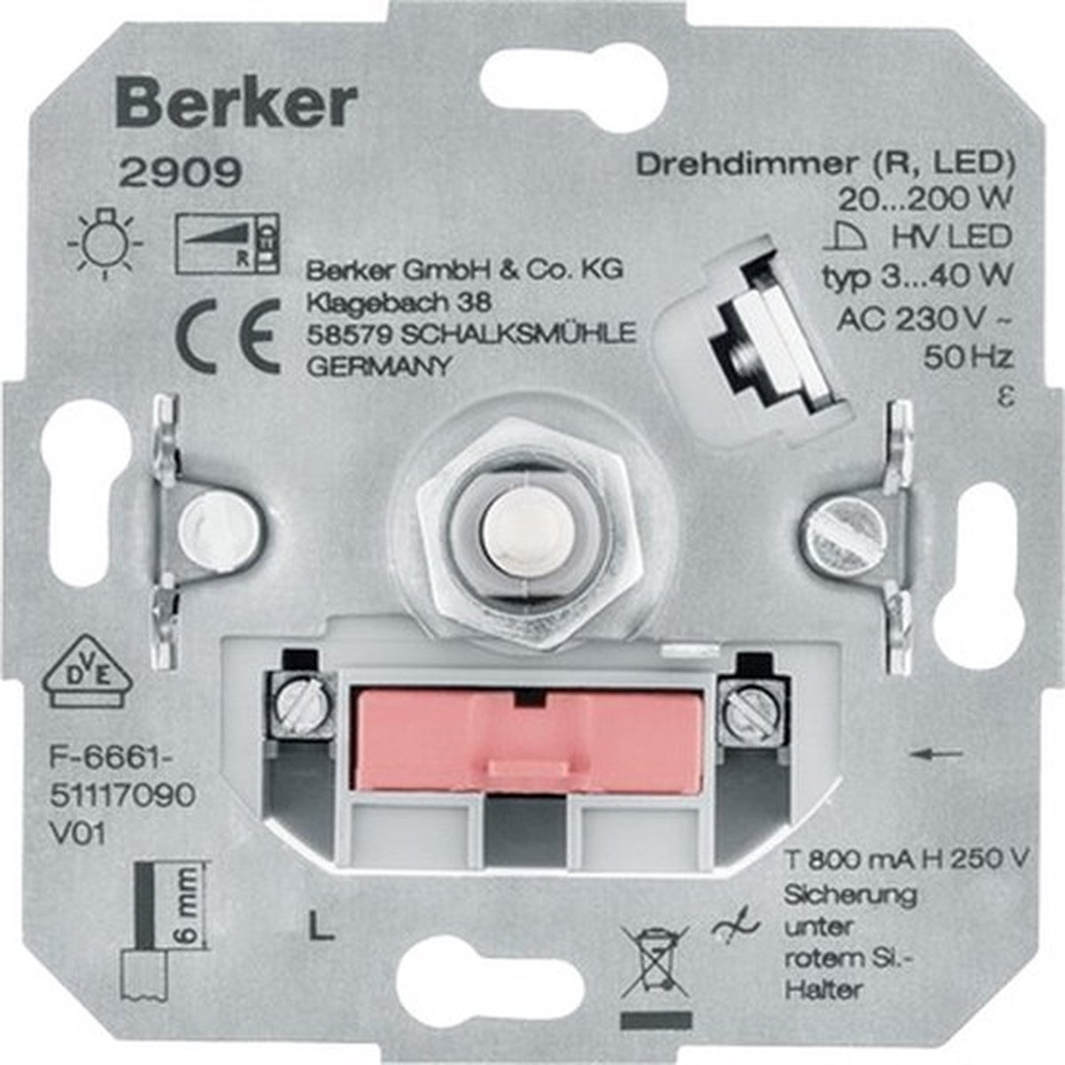 BERKER Dimmer inbouwelement 2909 universeel draai-uit (LED 3-40 W, halogeen 20-200 W)