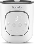 Witte Lionelo flesverwarmer met grijs accent, digitaal display met instellingen, frontaal zicht.