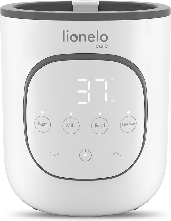 Witte Lionelo flesverwarmer met grijs accent, digitaal display met instellingen, frontaal zicht.
