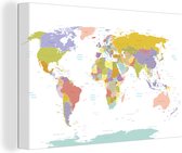 Canvas Wereldkaart - 60x40 - Wanddecoratie Wereldkaart - Topografie - Kleuren - Kind - Jongen - Meiden