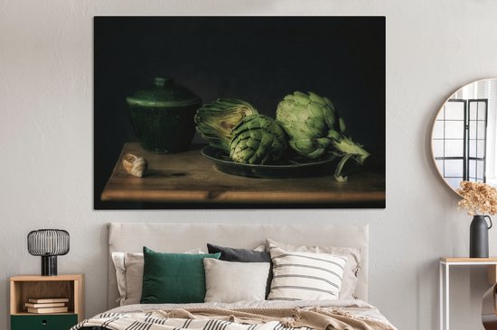 Tableau Peinture Nature Morte - Assiette - Artichaut - Art - Peinture - 180x120 cm - Décoration murale XXL