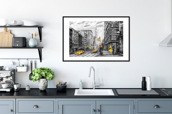 Fotolijst incl. Poster - Schilderij - Stad - Auto - Geel - 90x60 cm - Posterlijst