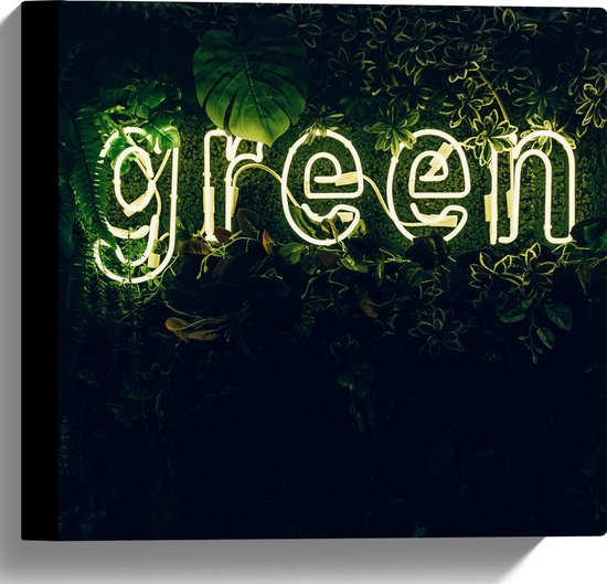Canvas - ''GREEN'' Neon Letters tussen Struiken - 30x30 cm Foto op Canvas Schilderij (Wanddecoratie op Canvas)