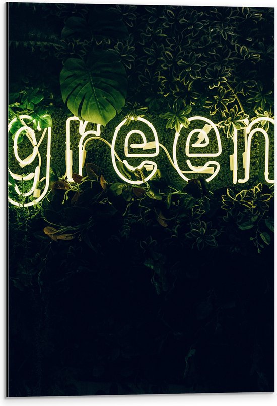 Dibond - ''GREEN'' Neon Letters tussen Struiken - 40x60 cm Foto op Aluminium (Wanddecoratie van metaal)