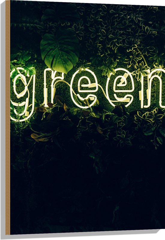 Hout - ''GREEN'' Neon Letters tussen Struiken - 60x90 cm - 9 mm dik - Foto op Hout (Met Ophangsysteem)