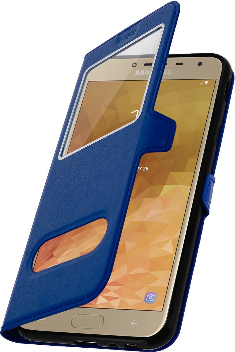 Avizar Foliohoes Geschikt voor Samsung Galaxy J4 Plus blauw met dubbel venster, Blauw